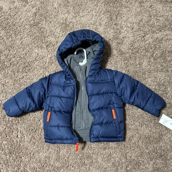 Blue Toddler Hooded Puffer Jacket with Orange Accents - Picture 2 of 4